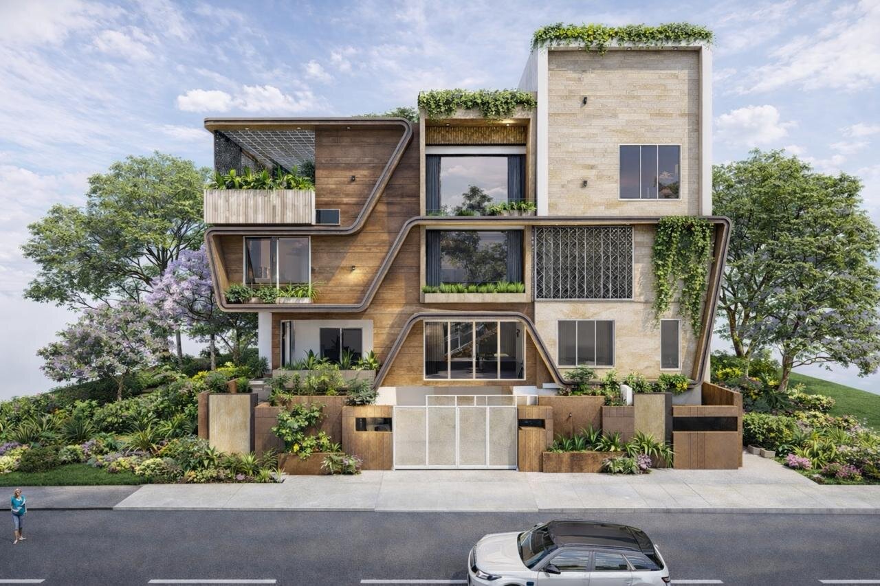 Contemporary residential facade with wood cladding, stone panels, and terraced greenery