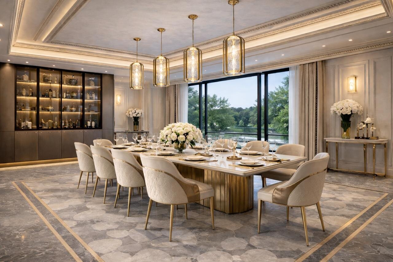 Formal dining room with brass pendant lighting and display cabinetry