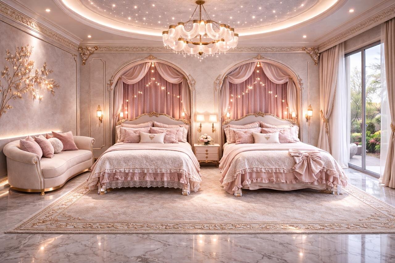 Pastel pink princess-themed twin bedroom with starlit ceiling
