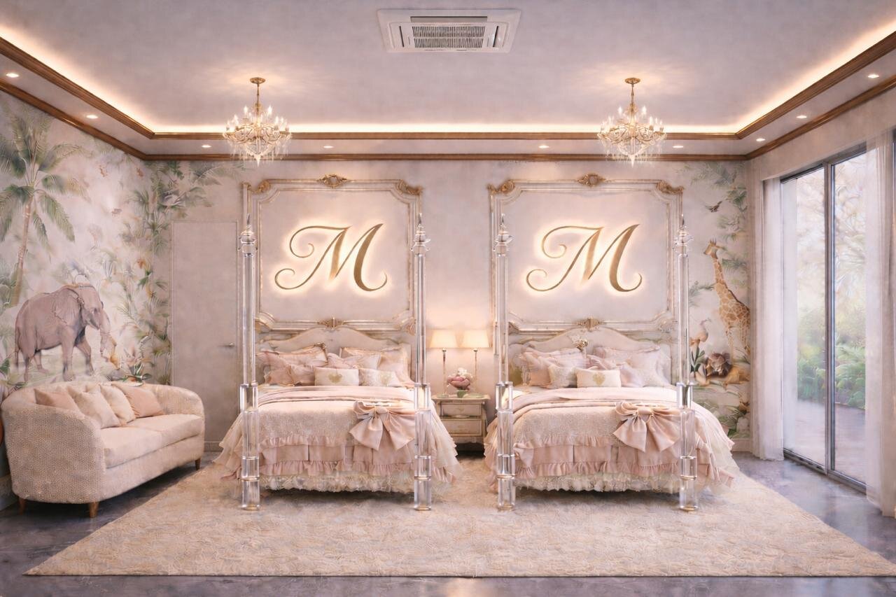 Pastel pink twin bedroom with arched drapery headboards
