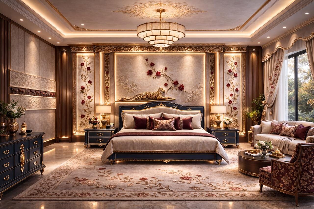 Luxury bedroom with navy and gold detailing and floral wall art