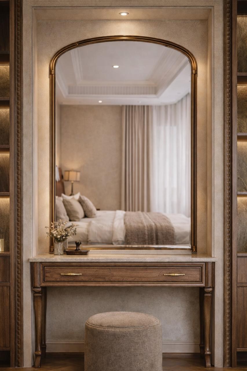 Built-in dressing nook with arched mirror and walnut cabinetry