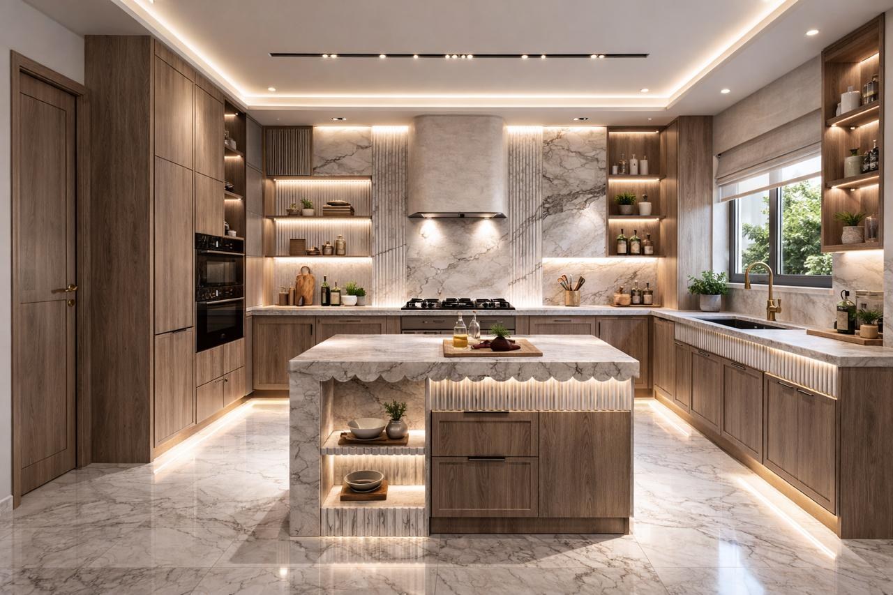 Walnut and marble kitchen with fluted island and gold accents