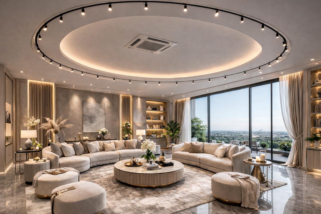 Modern living room with circular ceiling feature and curved sofas