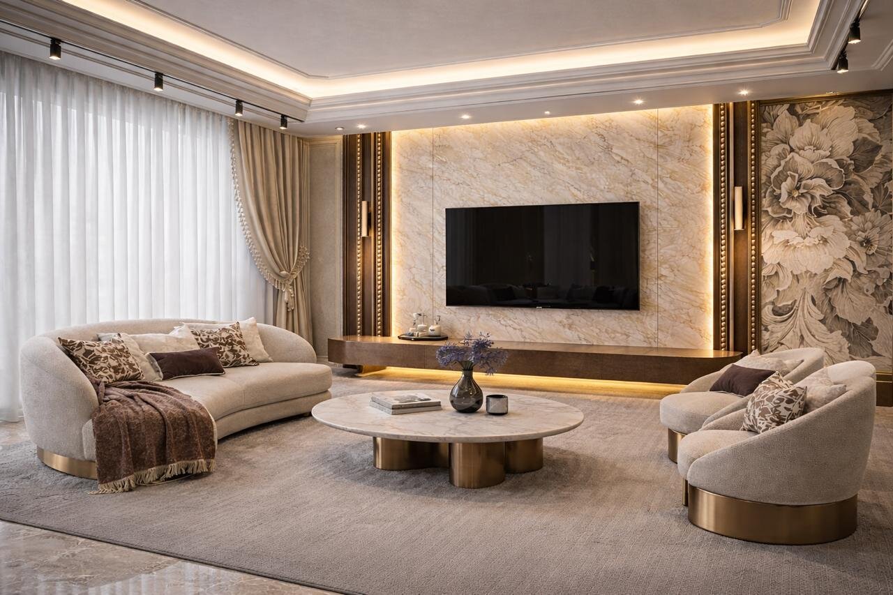 Modern living room with marble TV wall and floral wallpaper accent