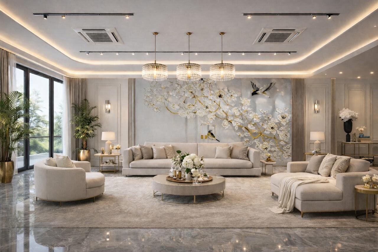 Modern living room with cherry blossom mural and curved seating